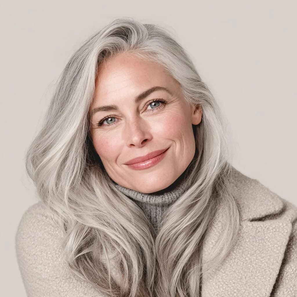 A woman with long silver hair and a soft smile, in a grey knit