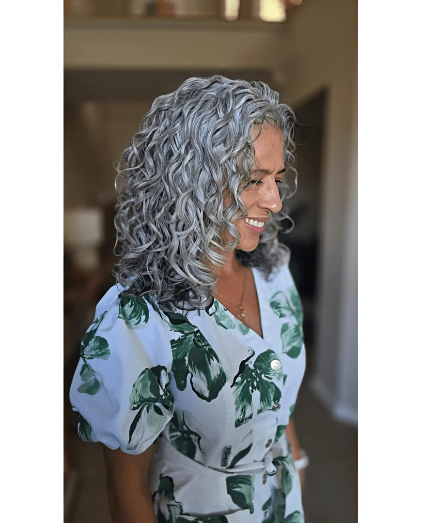 Cindy, silver-haired woman from Sydney, Australia, sharing her going-gray story