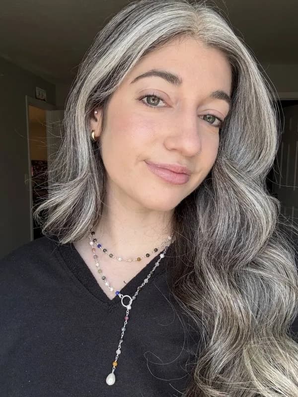 Danielle, silver-haired woman from Cincinnati, Ohio, sharing her going-gray story