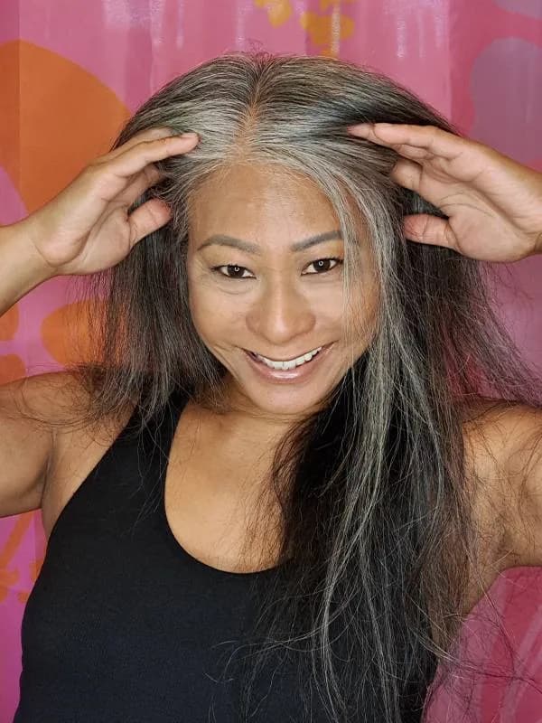 Joanne, silver-haired woman from Kaua'i, USA, sharing her going-gray story